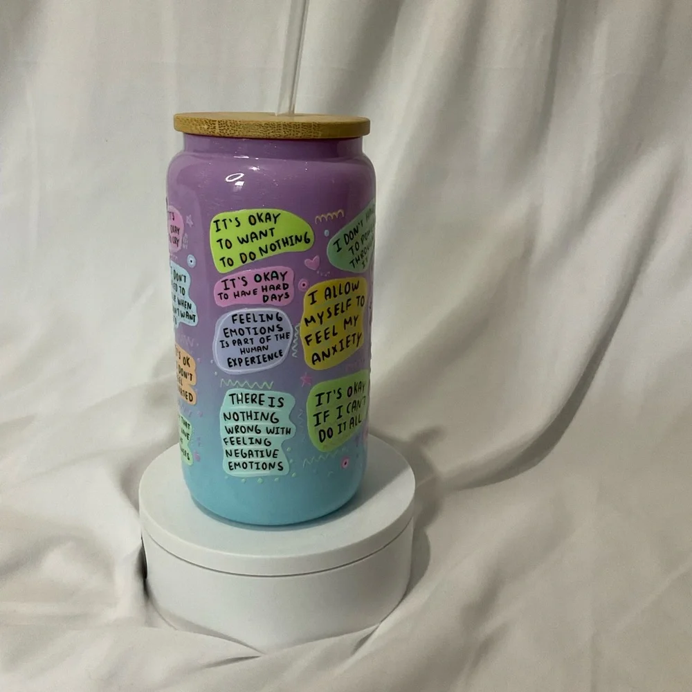 16 Ounce Handmade Shimmer Purple/Blue Glass Can Cup My Mental Breakdown Cup - Picture 4 of 6